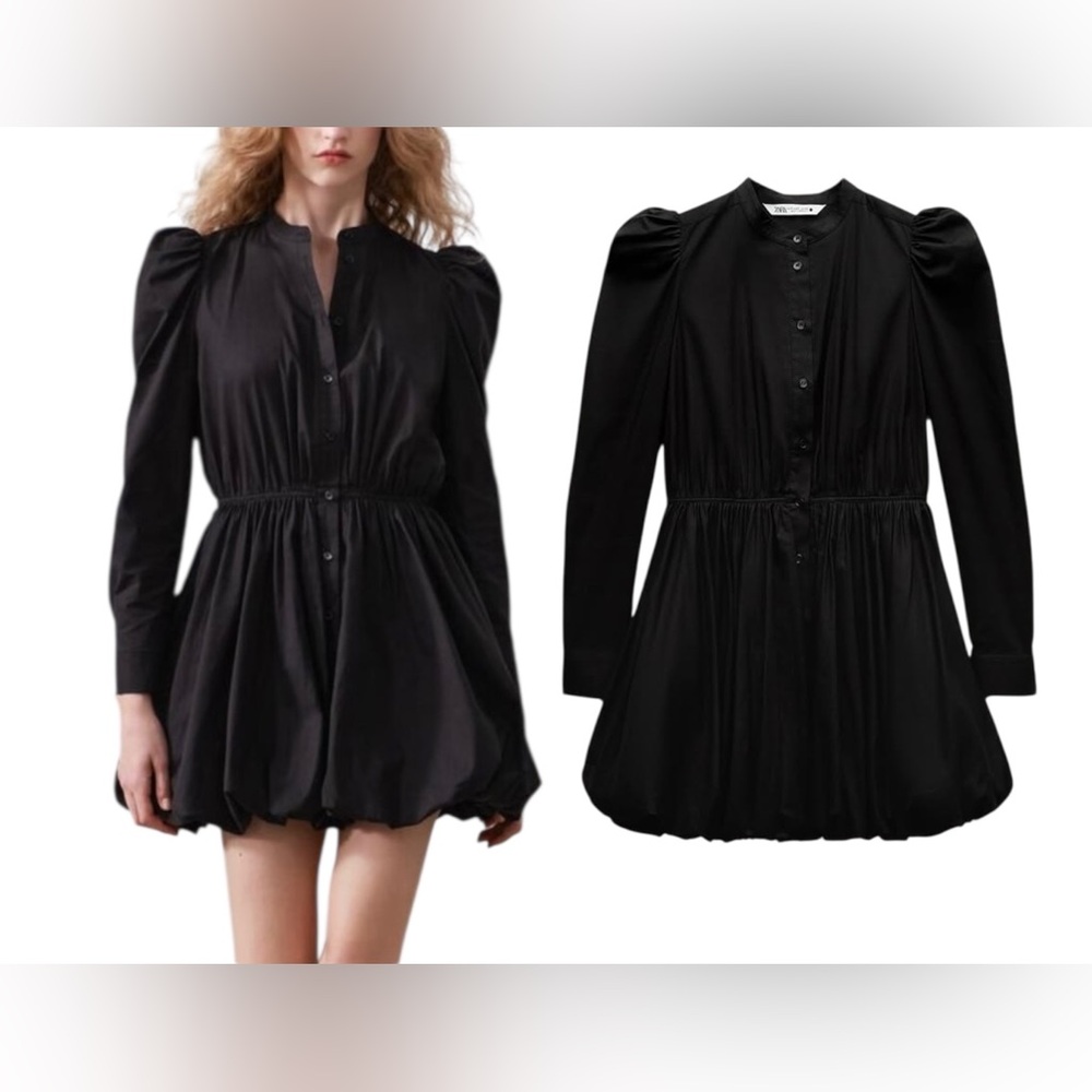 NWT ZARA ZW COLLECTION MINI BALLOON BLACK COTTON DRESS